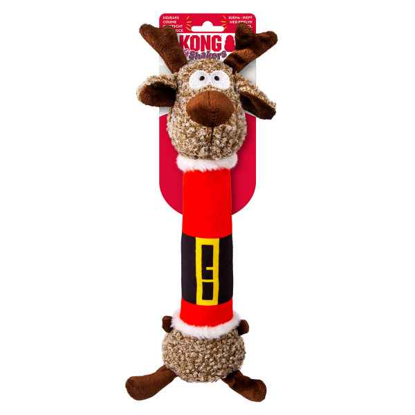 Front view of KONG Holiday Shakers Luvs Reindeer dog toy featuring a long, floppy plush body and low-tone squeaker that encourages shaking, tugging, and fetching for active, holiday-inspired play.