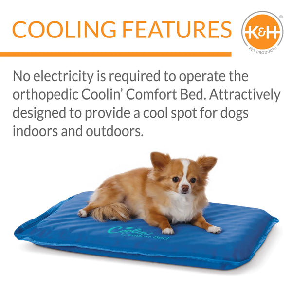 An image highlighting the benefits of the K & H Coolin Comfort Bed, including cooling properties, comfort, and durability.