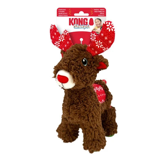 Top view of KONG Holiday Sherps Reindeer plush, showcasing its soft material, crinkly texture, and festive details, ideal for holiday snuggles and play.