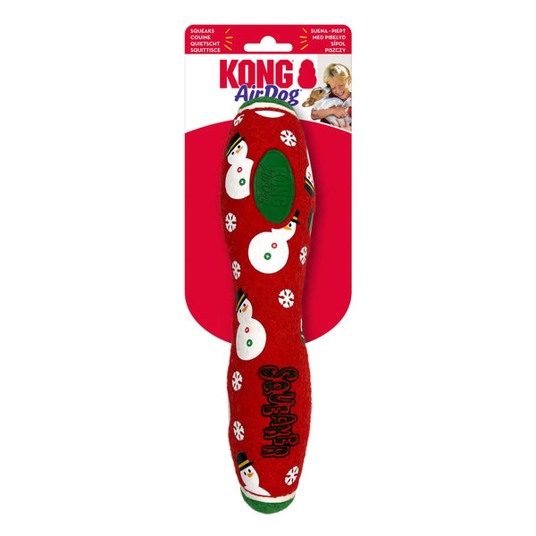 Top view of KONG Holiday AirDog Squeaker Stick, showing festive design details and durable, bouncy material for enjoyable and safe holiday fetch sessions.