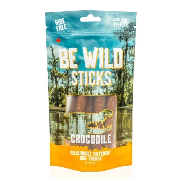 A bag of Be Wild Exotic Sticks - Crocodile, featuring high-protein, hypoallergenic dog treats made with real crocodile, sweet potato, and citrus pulp, perfect for dogs with allergies or food sensitivities.