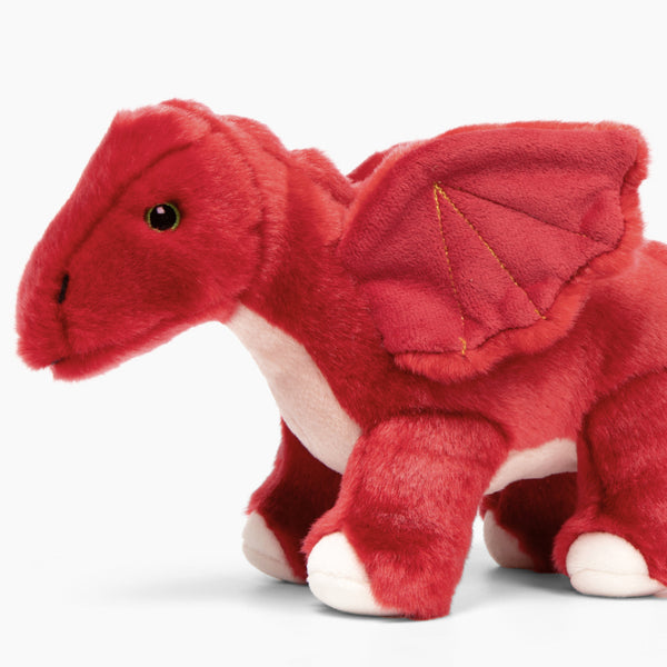 Close-up of Fluff & Tuff Brody Dragon plush toy face showing detailed embroidery, ultra-soft fabric, and durable construction — combining cuteness with long-lasting play benefits for dogs.