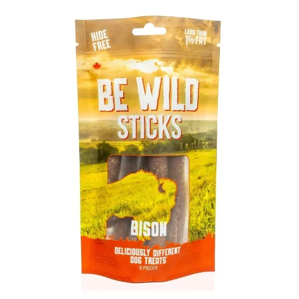 A bag of Be Wild Exotic Sticks - Bison, featuring high-protein, hypoallergenic dog treats made with real bison, sweet potato, and citrus pulp, ideal for dogs with food sensitivities and grain-free diets.