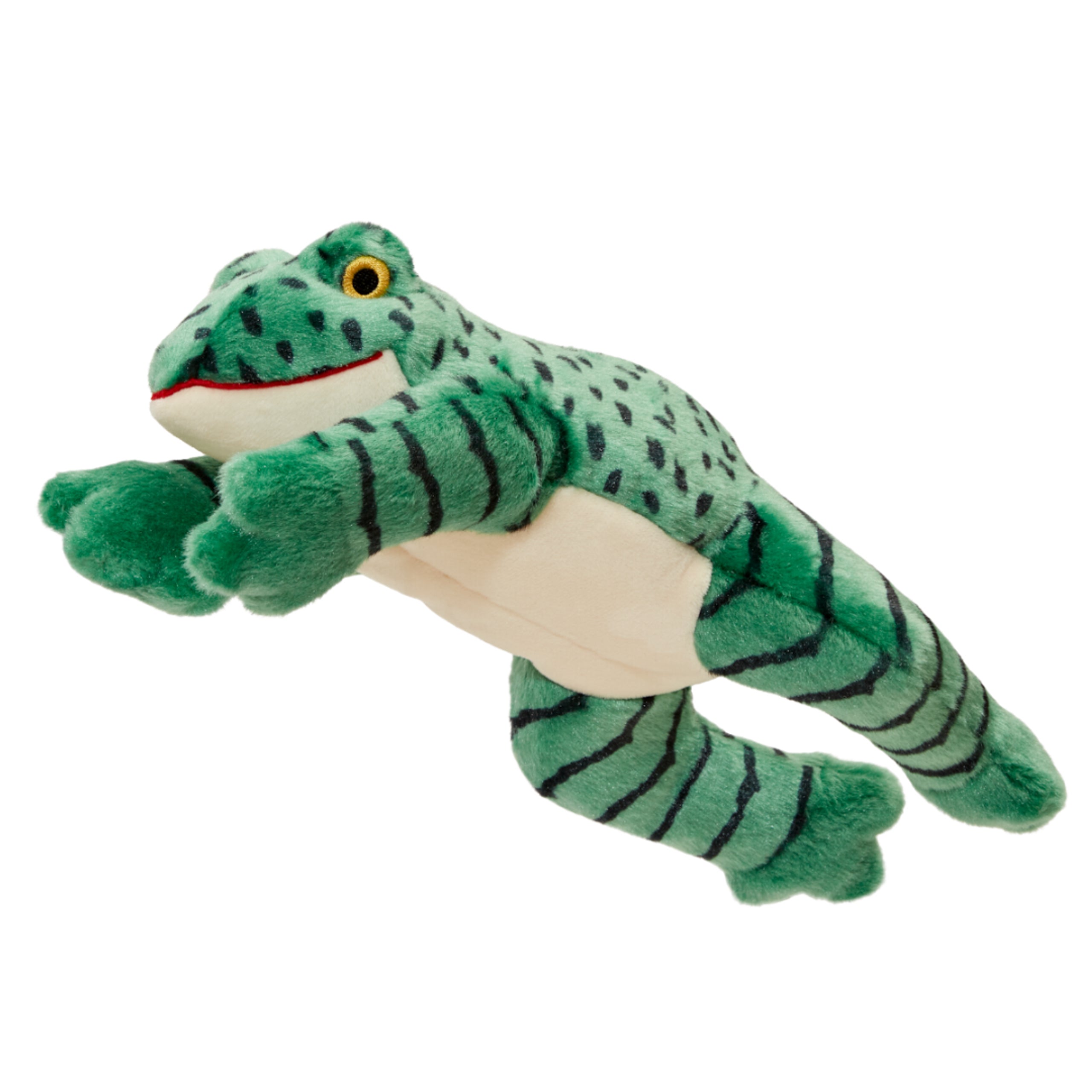 Fluff & Tuff Oliver Frog dog toy shown slightly angled, highlighting soft plush exterior, reinforced stitching, and playful design for interactive and engaging play sessions.