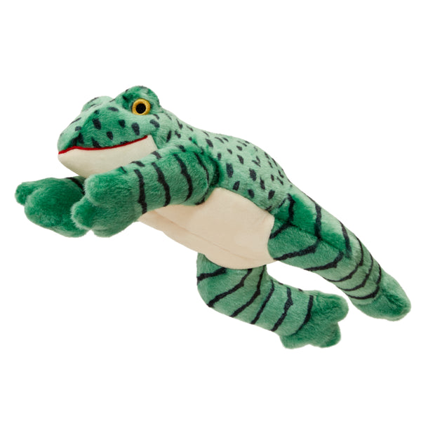 Fluff & Tuff Oliver Frog dog toy shown slightly angled, highlighting soft plush exterior, reinforced stitching, and playful design for interactive and engaging play sessions.