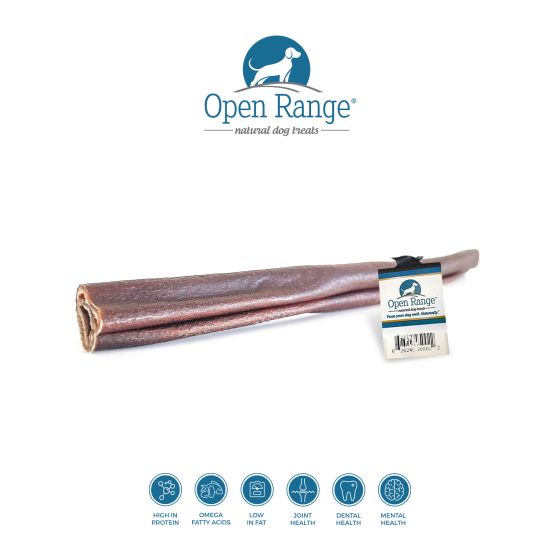 "An 11-12 inch Open Range Water Buffalo Collagen Stick, showcasing its natural texture and quality."