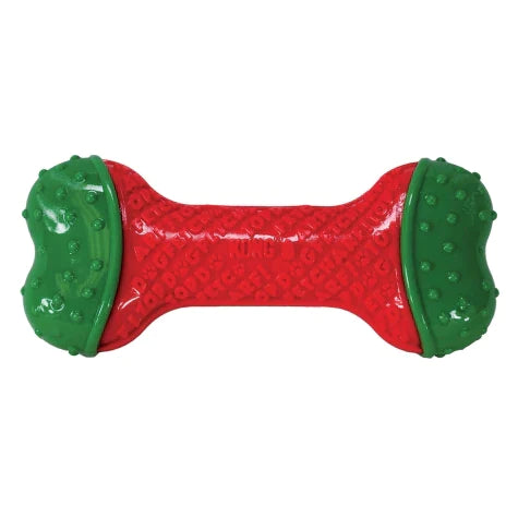 Top view of KONG Holiday CoreStrength Bone, highlighting the textured surface for dental benefits, double-layered durability, and holiday design.