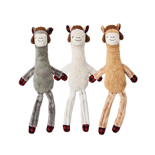 SPOT 23" Holiday Llama Plush Dog Toy featuring floppy arms and legs, soft plush material, and a hidden squeaker for extended holiday play.