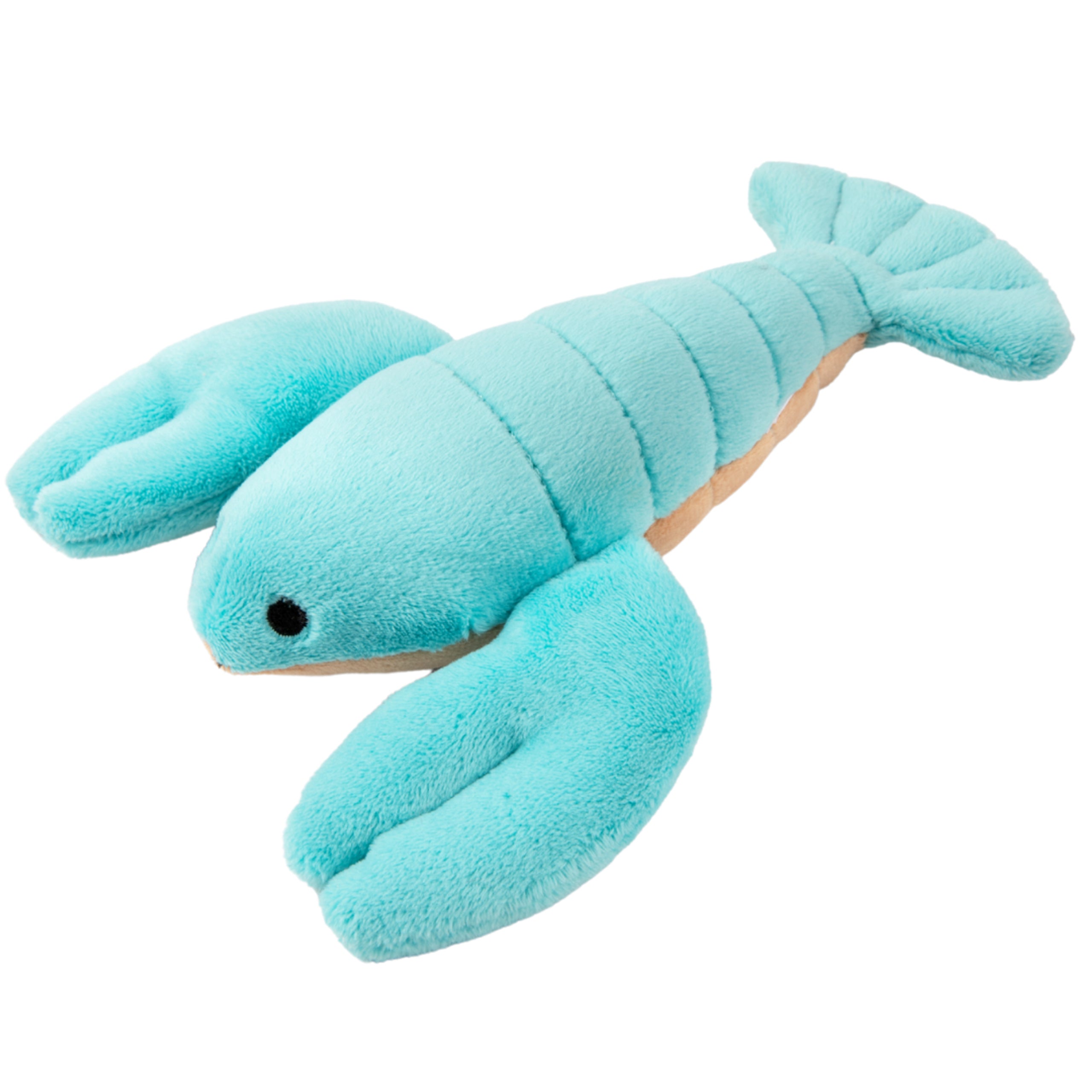 Fluff & Tuff Rachel Mini Lobster plush dog toy shown from a slight angle, highlighting durable double-stitched construction, soft plush texture, and playful claw-and-tail design that supports tugging, tossing, and gentle chewing.