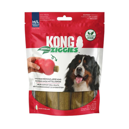 Image showing the front of the large KONG Ziggies bag with details on its natural ingredients and how it supports clean teeth and gum health in larger dogs.