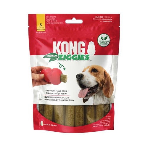 Image showing the front of the small KONG Enhanced Ziggies bag, highlighting its plant-based, wheat-free formula and dental health benefits for small dogs.