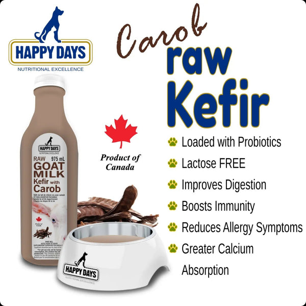 Benefits of Happy Days Raw Goat Milk Kefir with Carob: Enhances digestion, strengthens immunity, and supports overall pet health.