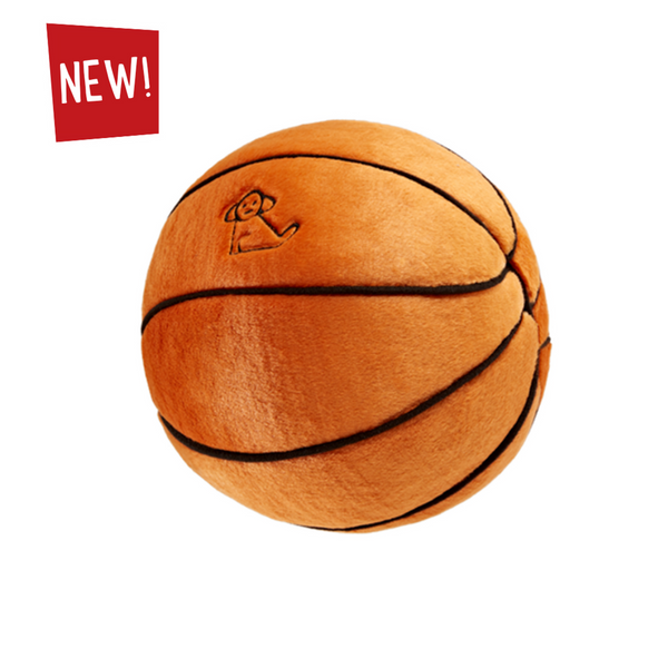 Fluff & Tuff Basketball plush toy for dogs, 12-inch large size with soft yet durable construction, ideal for active play and gentle snuggles for medium to large dogs.