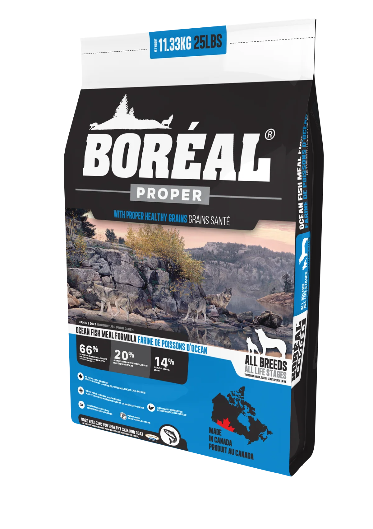 Front of the dog food bag featuring a Canadian herring recipe, highlighting lean ocean protein, Omega-3 fatty acids for healthy skin and coat, advanced minerals for overall wellness, and heart-supporting nutrients in a wholesome everyday formula.