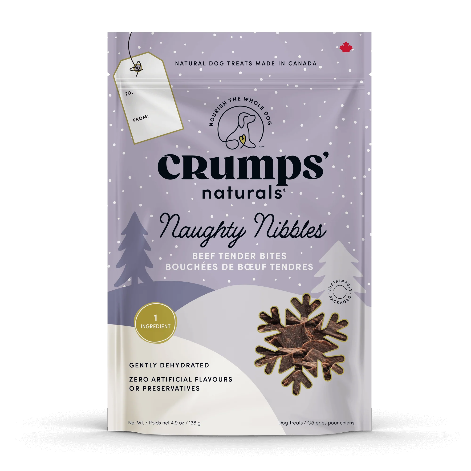 Front view of Crumps’ Naturals Naughty Nibbles bag, featuring gently dehydrated beef bites made with natural, wholesome ingredients for a festive holiday treat.