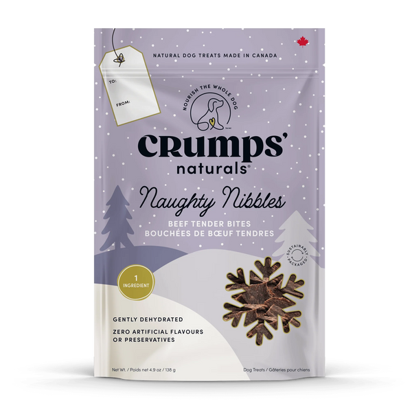 Front view of Crumps’ Naturals Naughty Nibbles bag, featuring gently dehydrated beef bites made with natural, wholesome ingredients for a festive holiday treat.