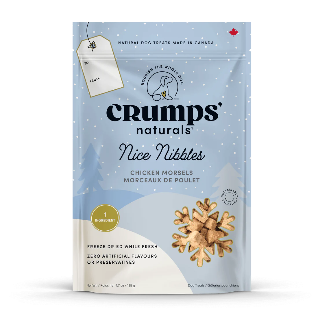 Front view of Crumps’ Naturals Nice Nibbles bag, showcasing all-natural, holiday-themed dog treats made with 100% Canadian chicken for a wholesome snacking experience.