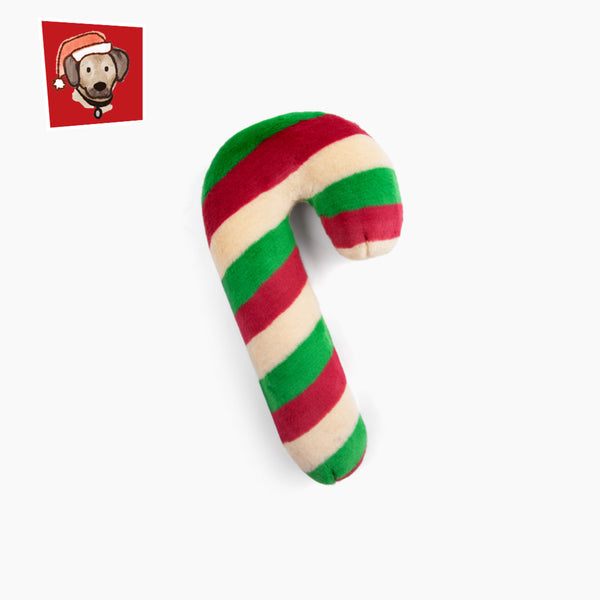 Fluff & Tuff Candy Cane durable plush dog toy featuring festive red and white stripes, soft reinforced fabric, and a curved shape ideal for tugging, tossing, and snuggling during the holiday season.