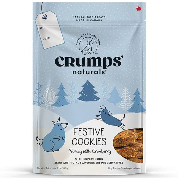 Front of Crump’s Naturals Festive Cookies – Turkey & Cranberries Dog Treats bag showing the Canadian-made, high-protein holiday cookies crafted with real turkey and cranberries. Highlights benefits like lean protein, antioxidant support, and wholesome ingredients for a festive, nutritious snack dogs love.