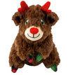 Front view of KONG Holiday Comfort Tykes Reindeer, highlighting festive holiday design, soft plush material, crinkle and squeaker features, and cozy pillowy body for small dog enjoyment.