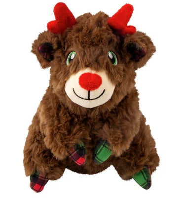 Front view of KONG Holiday Comfort Tykes Reindeer, highlighting festive holiday design, soft plush material, crinkle and squeaker features, and cozy pillowy body for small dog enjoyment.