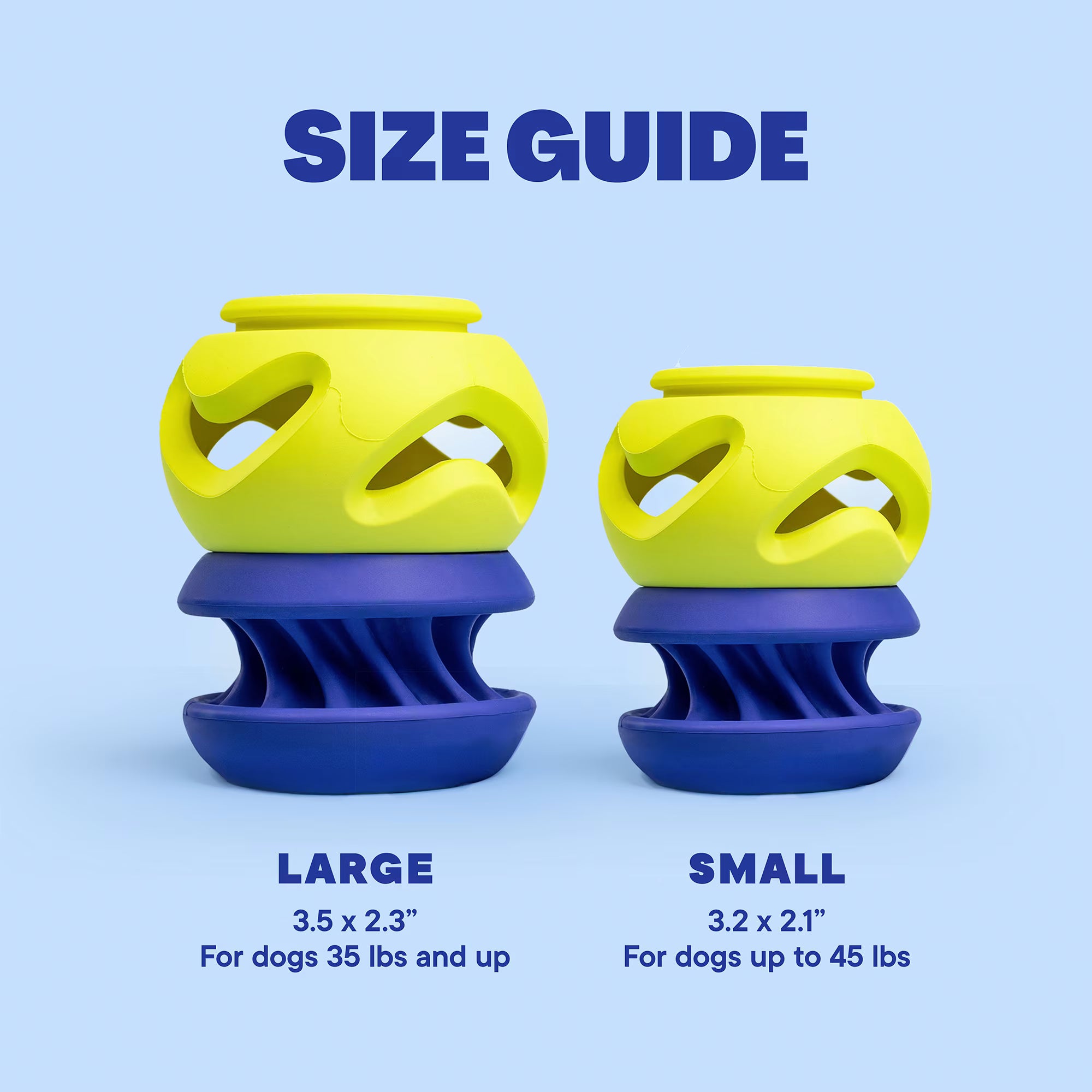 Small and large WAGLAB PlayStack Boomerang and Slobber 2 Pack dog toys displayed side by side showing enrichment toy size options for different dog breeds