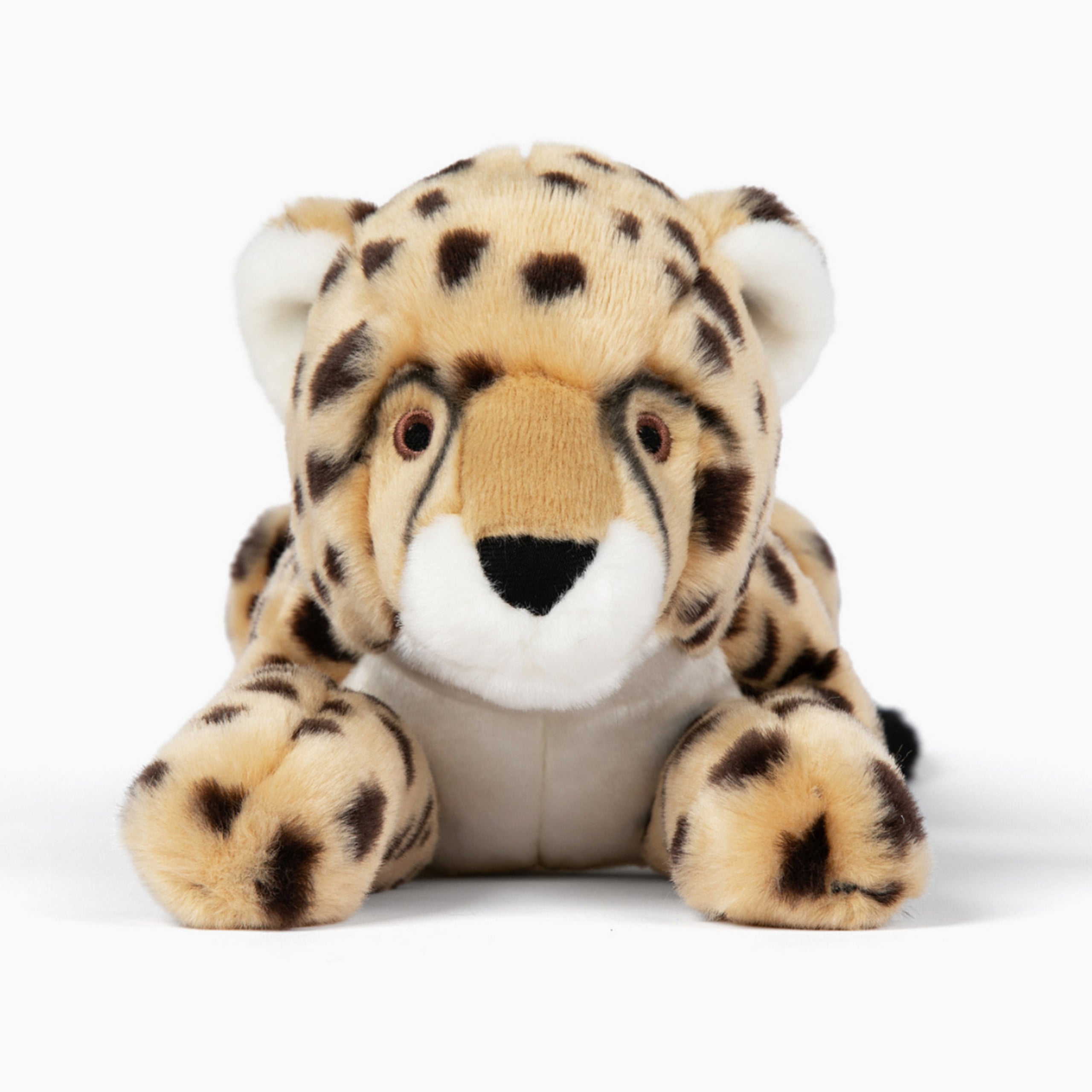Front view of Fluff & Tuff Kali Cheetah dog toy displaying friendly facial details, ultra-soft plush texture, and secure construction perfect for cuddles and active play sessions.