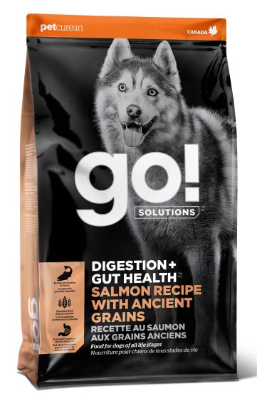 Front view of Go! Digestion + Gut Health Salmon with Grains dog food bag featuring de-boned salmon, ancient grains, probiotics, and fibre-rich ingredients that support healthy digestion and gut health for dogs