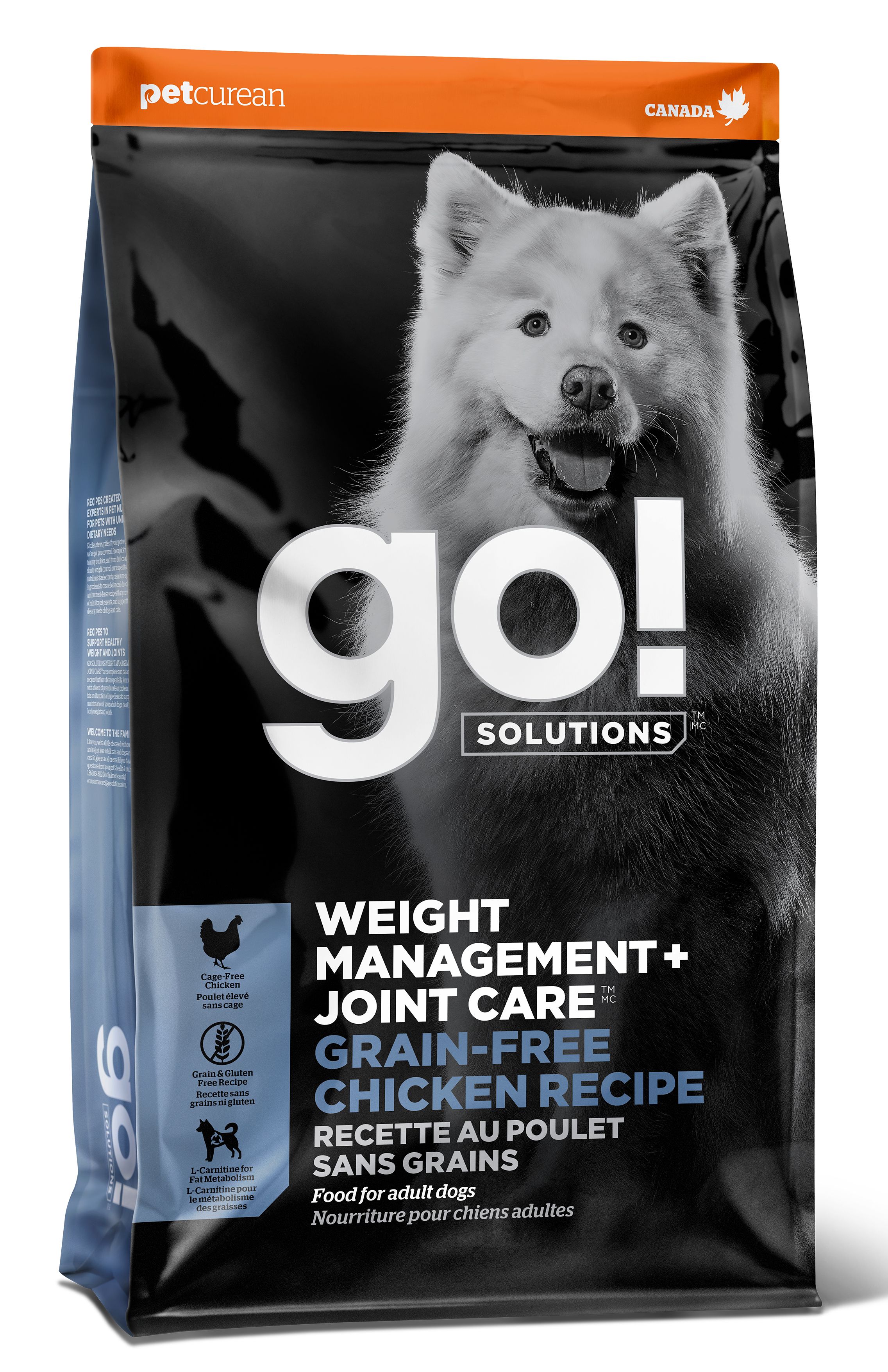 Image of GO! Solutions Weight Management + Joint Care – Grain Free Chicken bag, highlighting lean chicken protein, fat-burning L-carnitine, and joint-supporting glucosamine + chondroitin.