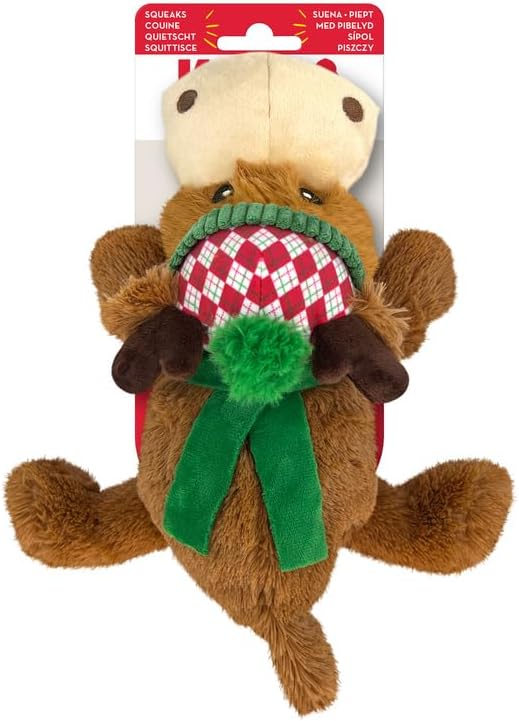 Top view of the Kong Holiday Cozie Reindeer, showcasing its soft plush exterior, seasonal scarf, and sturdy, festive design for indoor play.