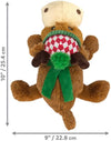 Top view of the Kong Holiday Cozie Reindeer with dimensions, displaying festive details, plush texture, and durable construction for holiday fun.