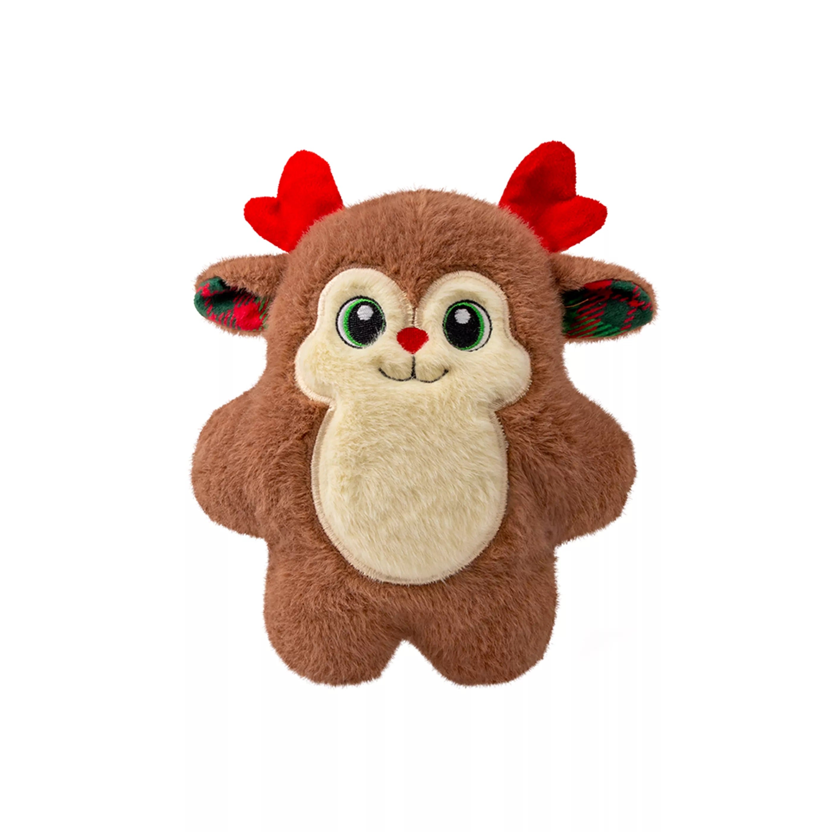 Front view of KONG Holiday Snuzzles Reindeer plush dog toy showing its festive reindeer design, ultra-soft plush texture, and full-body squeaker that provides engaging sound, cozy snuggles, and satisfying play for dogs of all sizes.