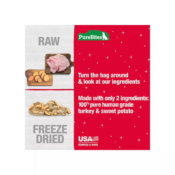 Close-up image of 100% pure turkey and sweet potato, the only two ingredients in PureBites Holiday treats; showcases clean, human-grade ingredients proudly sourced and freeze-dried in the USA for freshness and nutritional quality.