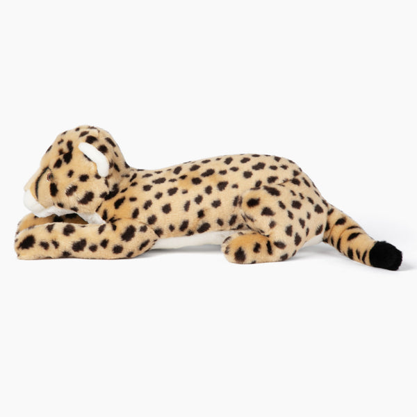 Side view of Fluff & Tuff Kali Cheetah dog toy showing reinforced stitching, plush cheetah-patterned fur, and strong inner mesh liner for long-lasting durability during play.