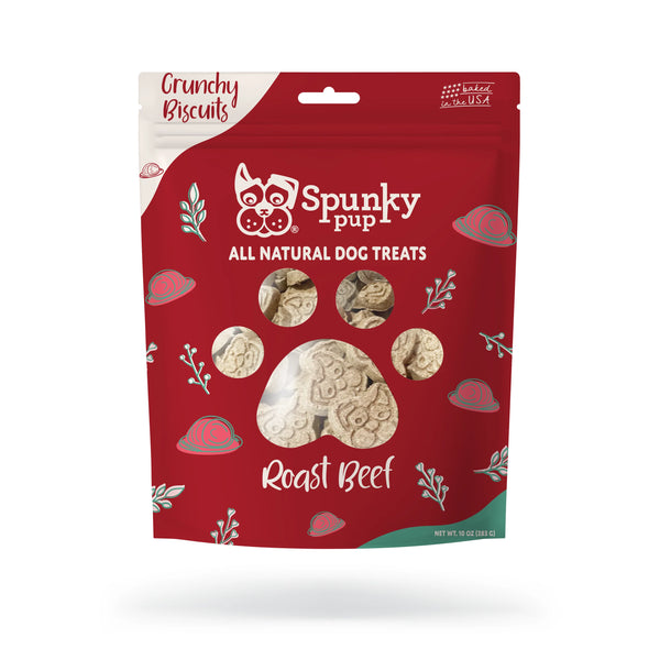 Front of Spunky Pup Holiday Roast Beef Dog Treats bag showcasing festive, all-natural dog treats with real roast beef, perfect for training and rewarding.