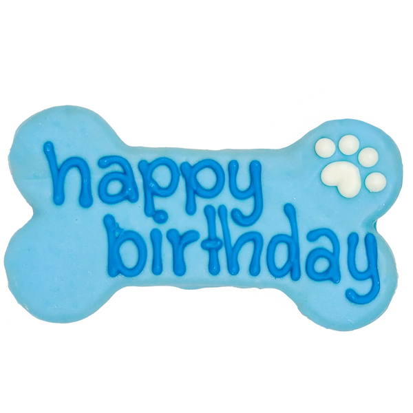 "Bosco & Roxy Happy Birthday Bone in blue – Premium, sustainable dog birthday treat made with love and wholesome ingredients from the Birthday Collection, perfect for eco-conscious pet owners"