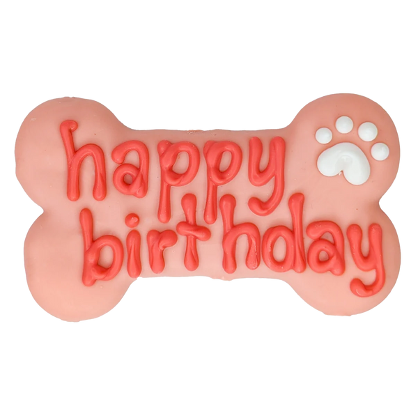 "Bosco & Roxy Happy Birthday Bone in pink – Premium, sustainable dog birthday treat made with love and wholesome ingredients from the Birthday Collection, perfect for eco-conscious pet owners"