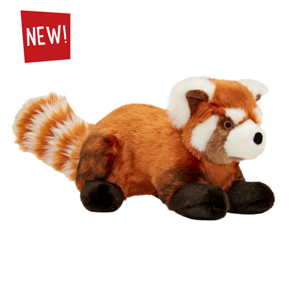 Front-facing image of Fluff & Tuff Archie Red Panda plush dog toy, showing its 12” size and durable construction designed for playful chewing and cuddling.