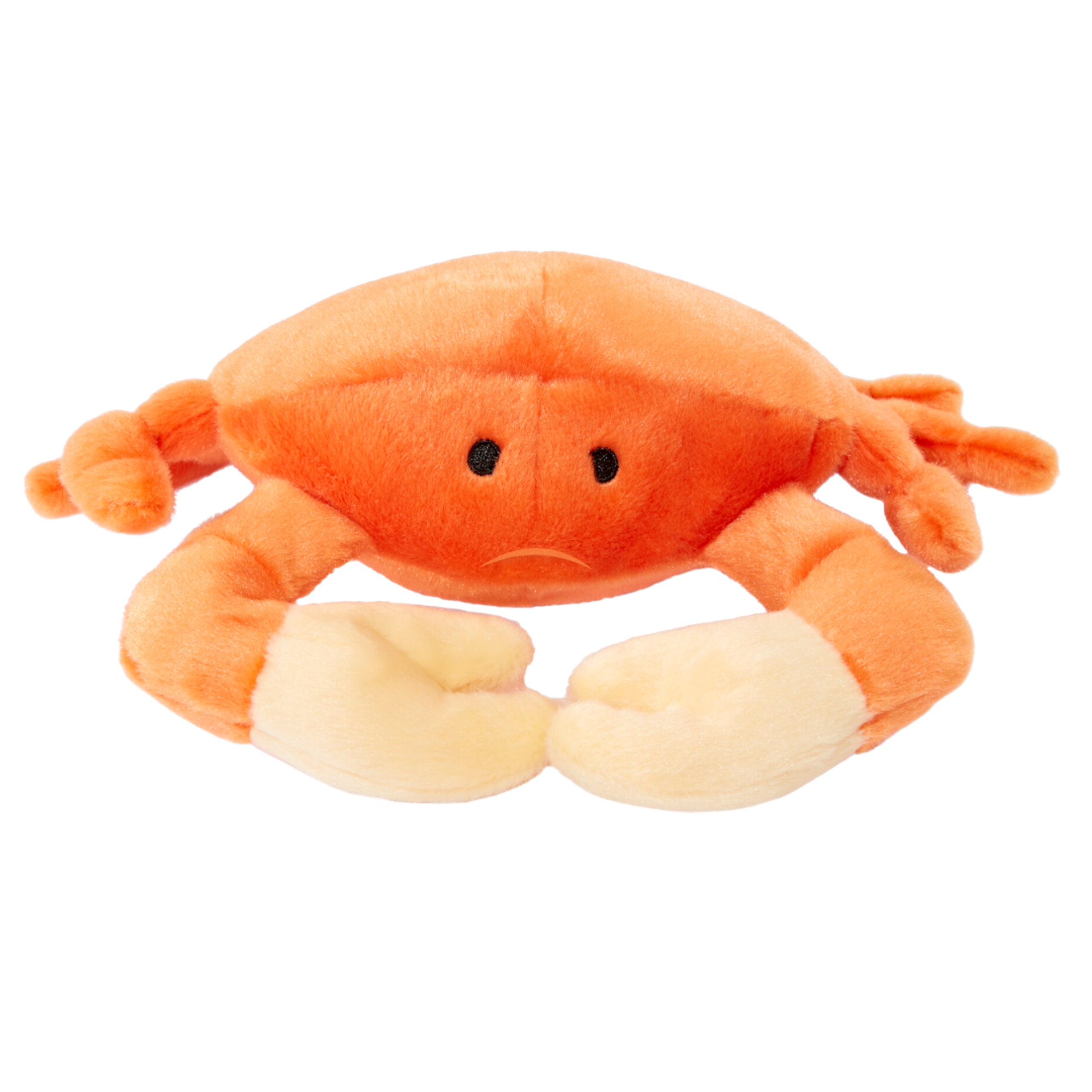 Front view of Fluff & Tuff Phyllis Crab durable plush dog toy featuring soft orange-red fabric, detailed stitching, and two large claws — designed for tough play, gentle on teeth, and perfect for tugging and cuddling.
