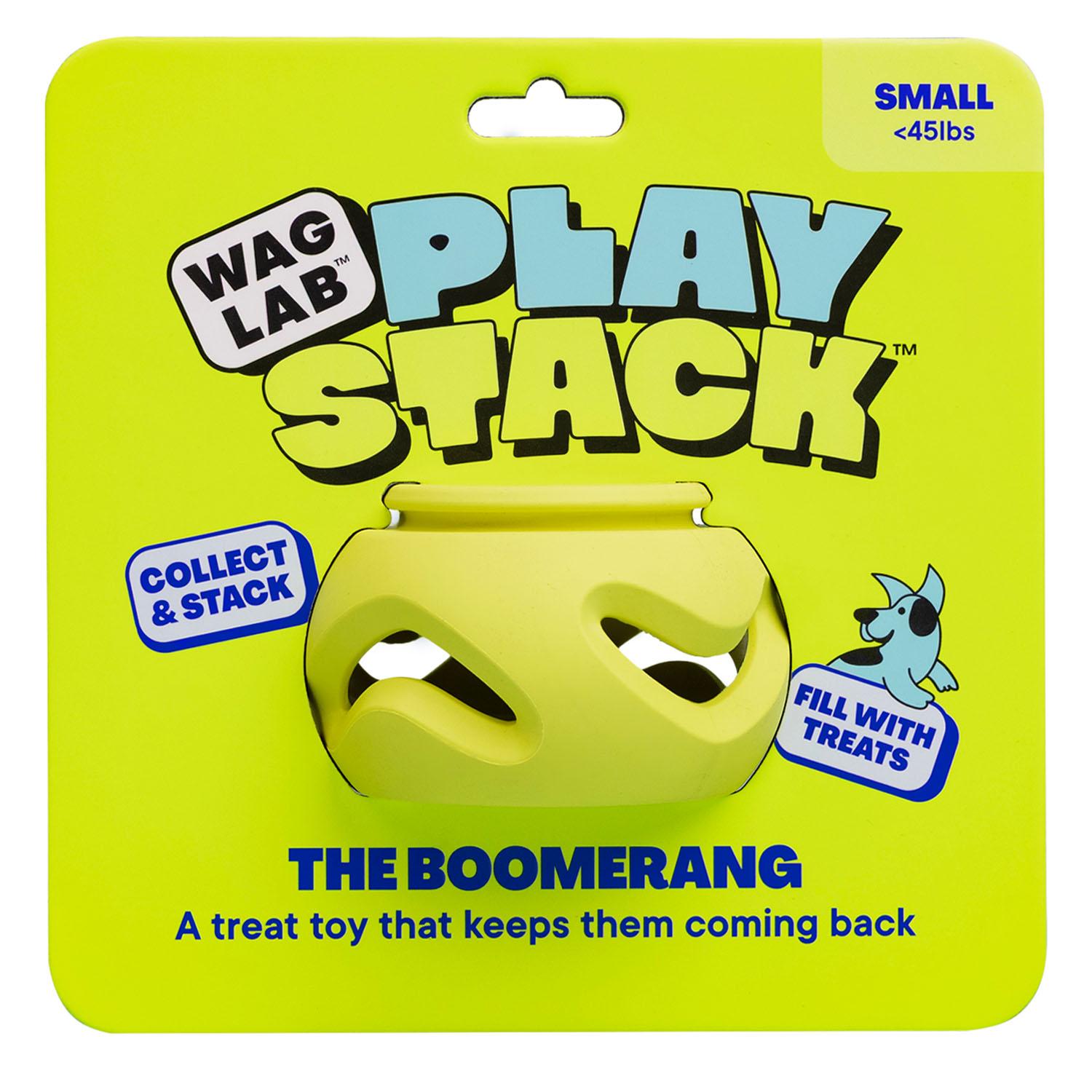 Front view of WAGLAB PlayStack The Boomerang Green dog toy in packaging highlighting interactive treat-dispensing enrichment toy made from durable natural rubber for mentally stimulating play
