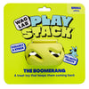 Front view of WAGLAB PlayStack The Boomerang Green dog toy in packaging highlighting interactive treat-dispensing enrichment toy made from durable natural rubber for mentally stimulating play