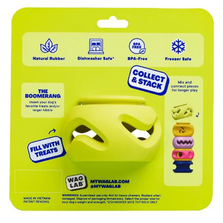 Back of WAGLAB PlayStack The Boomerang Green packaging displaying product features including freezer safe, dishwasher safe, treat dispensing, customizable stacking, and enrichment benefits for dogs
