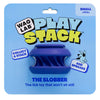 Front view of WAGLAB PlayStack The Slobber Blue dog toy in packaging showcasing interactive lick grooves, customizable enrichment play, and durable BPA-free natural rubber construction