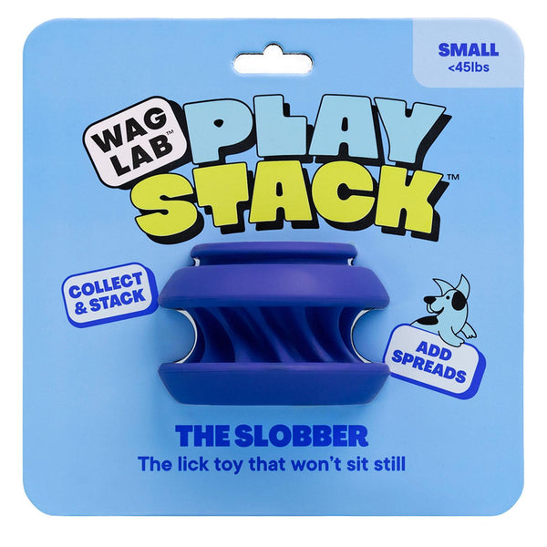Front view of WAGLAB PlayStack The Slobber Blue dog toy in packaging showcasing interactive lick grooves, customizable enrichment play, and durable BPA-free natural rubber construction