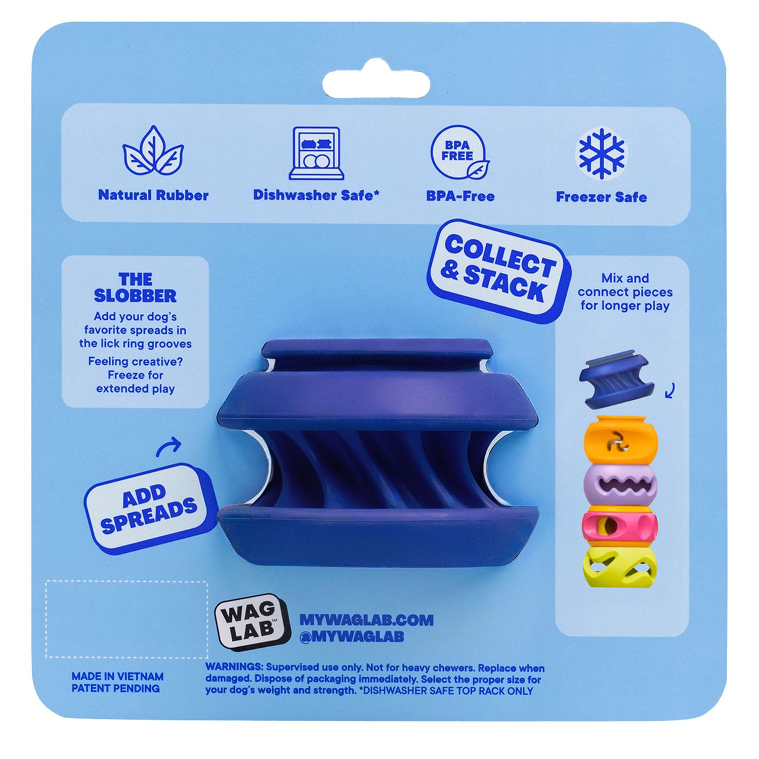 Back of WAGLAB PlayStack The Slobber Blue packaging displaying enrichment features including freezer-safe licking grooves, modular connections, dishwasher-safe cleaning, and treat-dispensing benefits