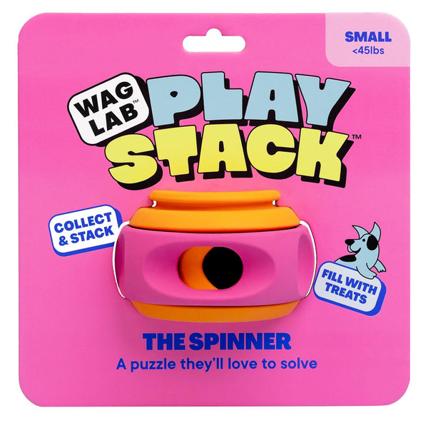 Front view of WAGLAB PlayStack The Spinner Pink and Orange dog toy in packaging featuring interactive treat-dispensing enrichment toy made from durable BPA-free natural rubber