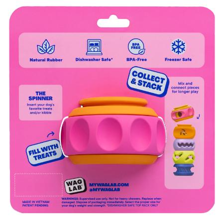 Back of WAGLAB PlayStack The Spinner Pink and Orange packaging displaying freezer-safe, dishwasher-safe, modular enrichment toy features for mentally stimulating dog play