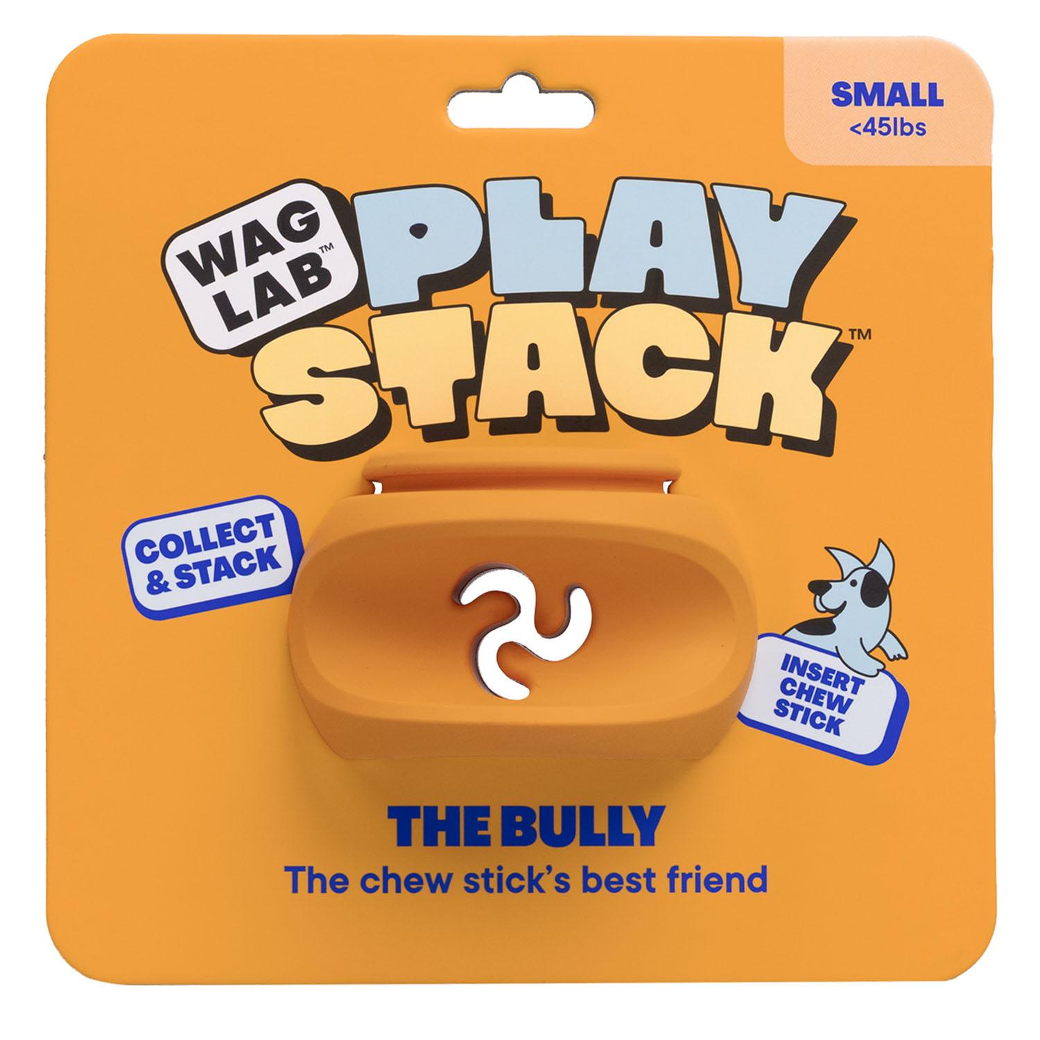 WAGLAB PlayStack The Bully Orange interactive dog toy in packaging featuring a durable natural rubber enrichment toy designed to securely hold chew sticks for safer chewing and longer-lasting mental stimulation