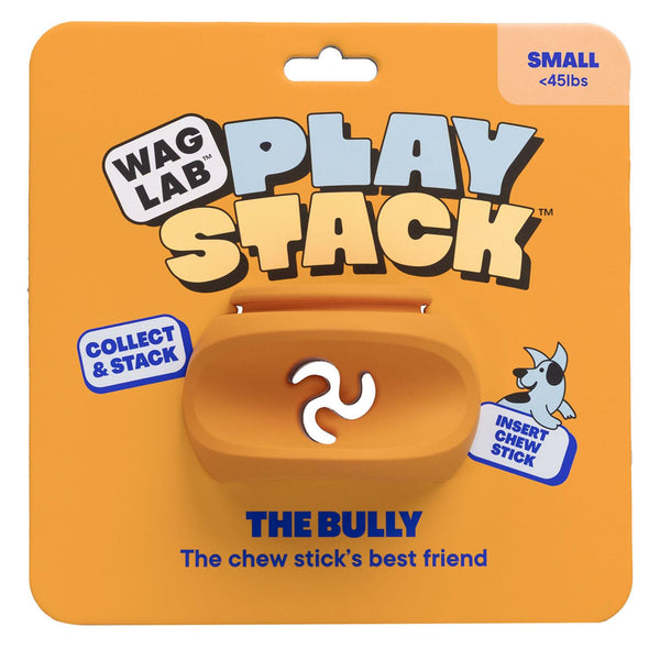 WAGLAB PlayStack The Bully Orange interactive dog toy in packaging featuring a durable natural rubber enrichment toy designed to securely hold chew sticks for safer chewing and longer-lasting mental stimulation