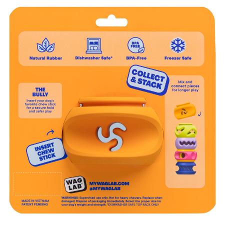 Back of WAGLAB PlayStack The Bully Orange packaging displaying interactive enrichment features including chew stick holding design, freezer-safe natural rubber construction, and dishwasher-safe care instructions for dogs